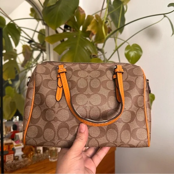 Coach mini Signature Brown Satchel with Orange Trim 2way bag - Picture 4 of 10